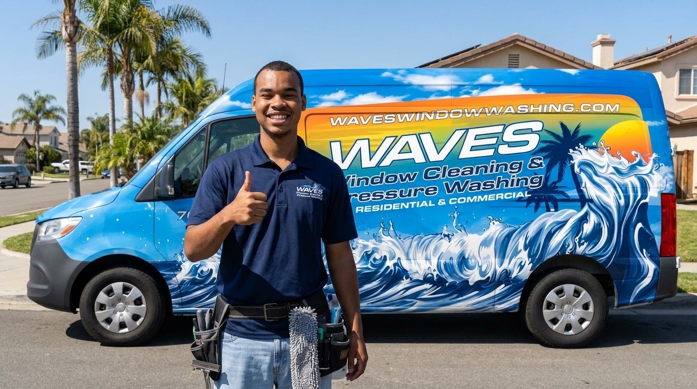 Dan, owner of Waves Window Washing, giving a thumbs up in front of the branded Waves van