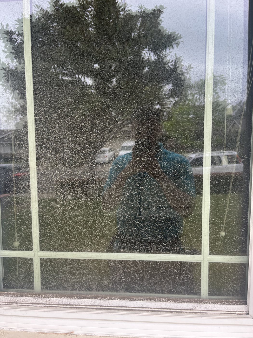 Dirty, water-spotted window before Waves Window Washing cleaning