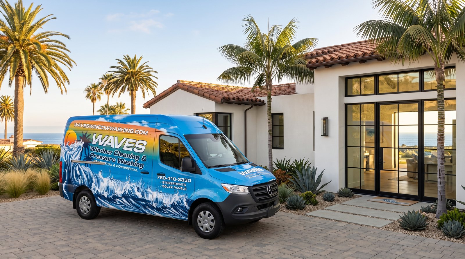Waves Window Washing branded van parked in front of a Carlsbad home